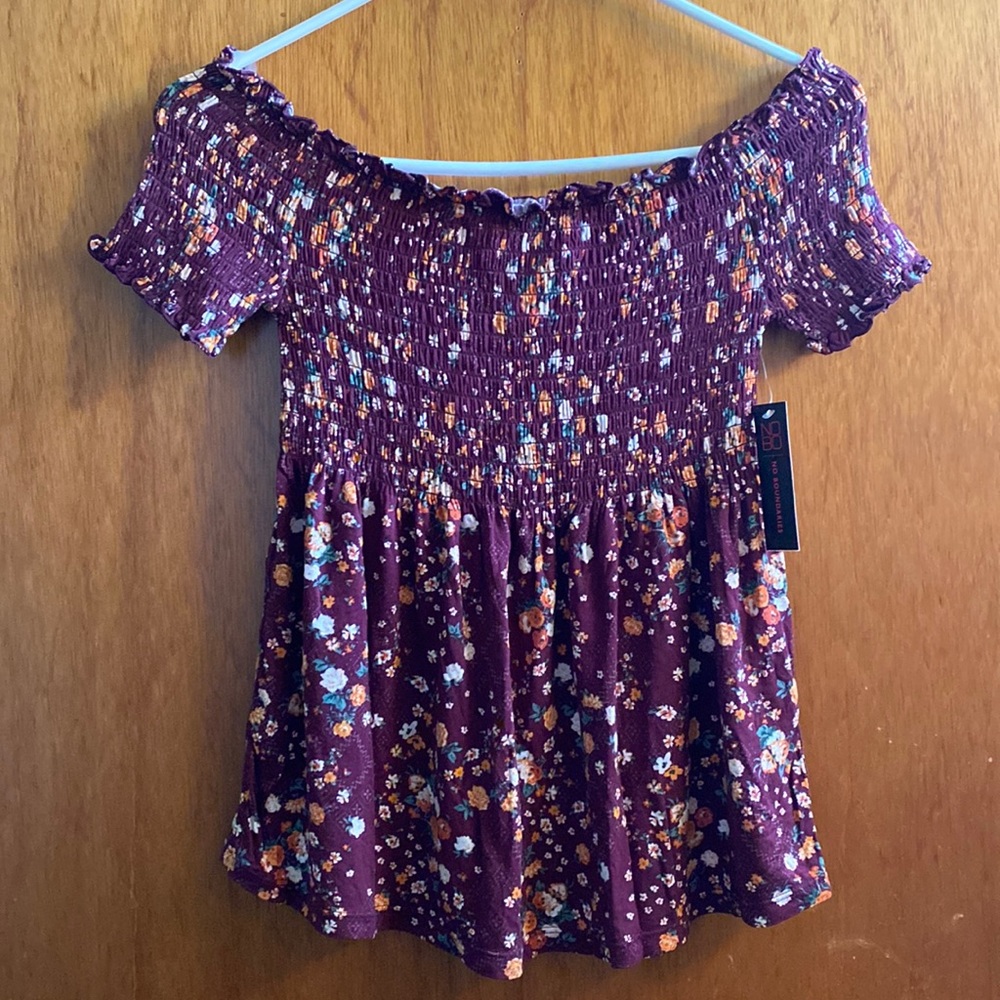 No Boundaries Juniors Off The Shoulder Multi-Color Floral Print Top